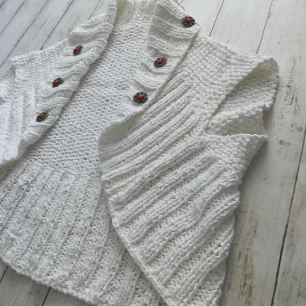 White Knit Shrug Cap Sleeve Sweater With Decorative Buttons, One Size